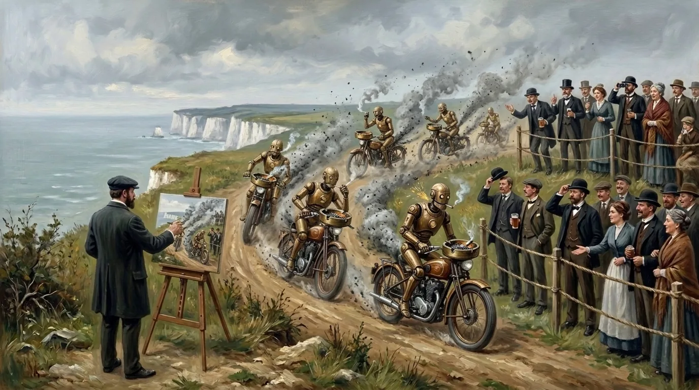 Peinture à l'huile générée par IA : des robots dorés fument sur des motos équipées de cendriers le long de falaises blanches, sous les yeux d'une foule victorienne et d'un peintre à son chevalet