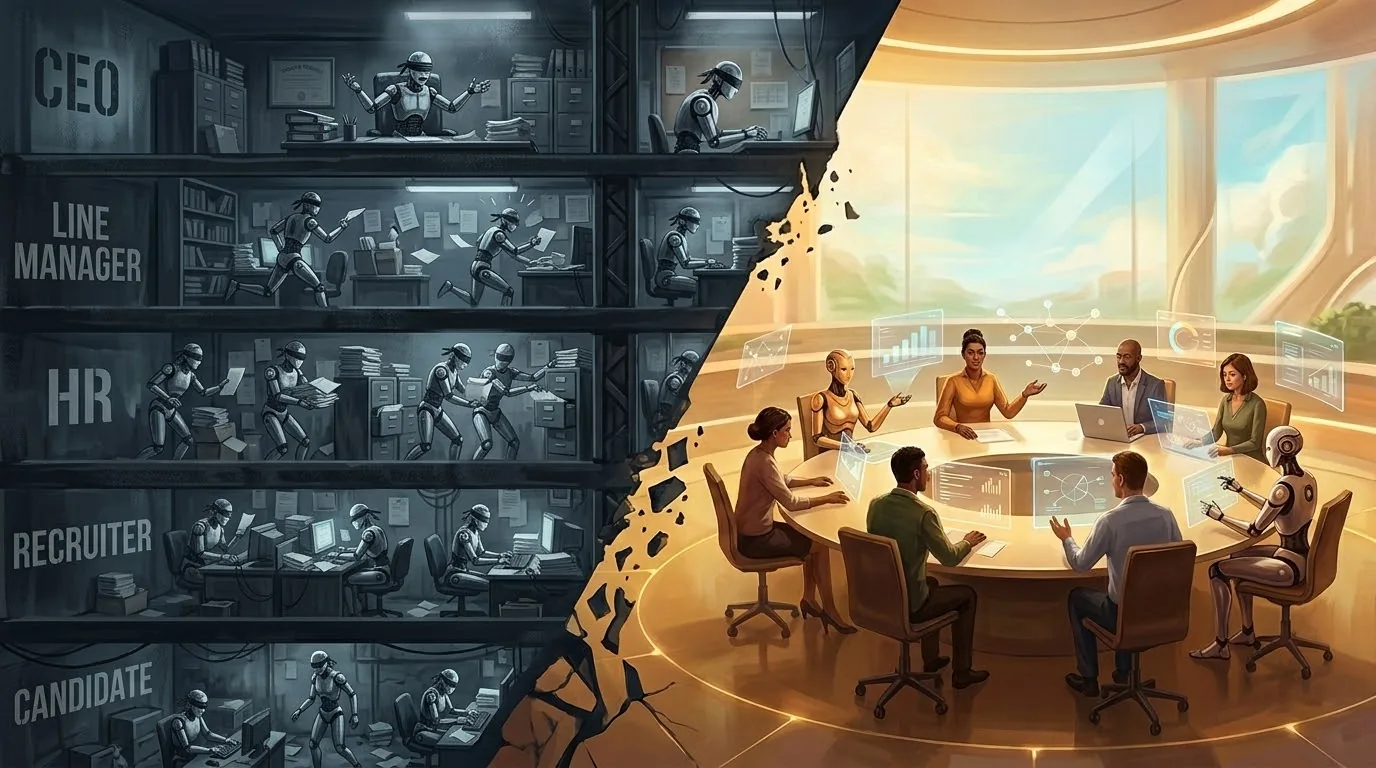 Before and after. Left: blindfolded robots work alone on separate floors labelled CEO, Line Manager, HR, Recruiter and Candidate. Right: the wall breaks open onto a bright room where people and AI agents sit together at one round table.